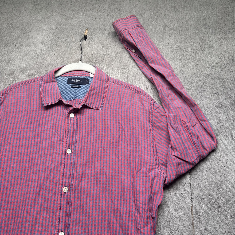 Paul Smith Jeans Mens Striped Shirt Large Red Blue Tailored Fit Long Sleeve